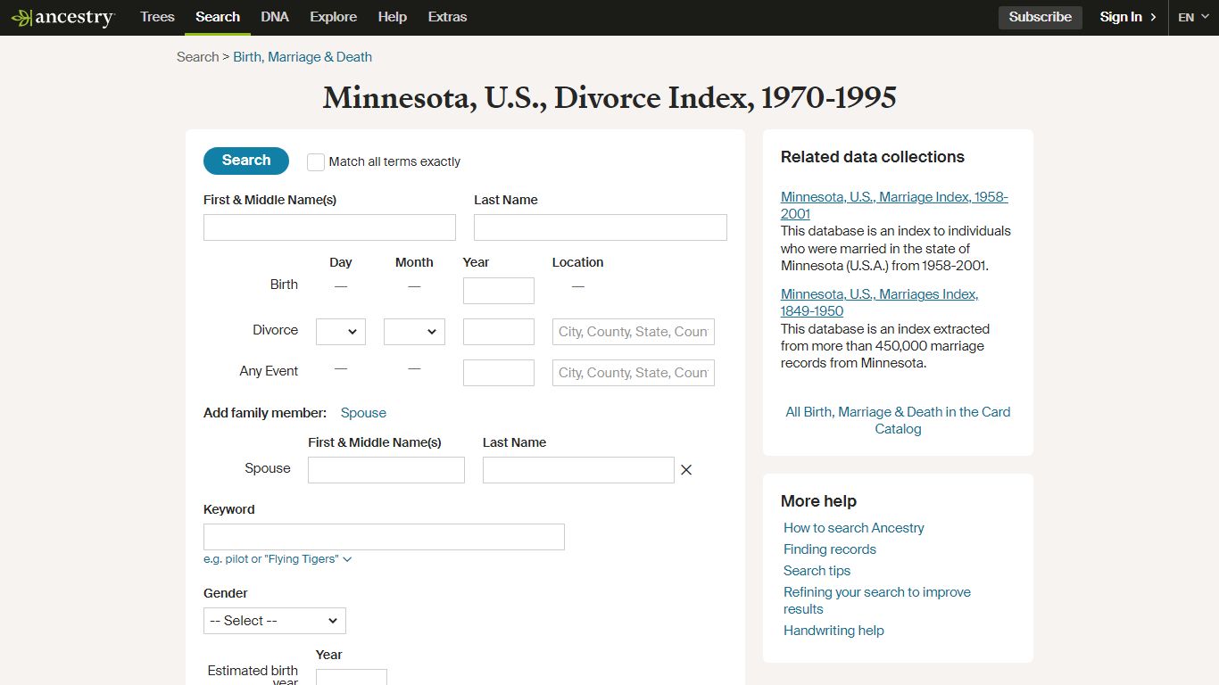 Minnesota, U.S., Divorce Index, 1970-1995 - Ancestry